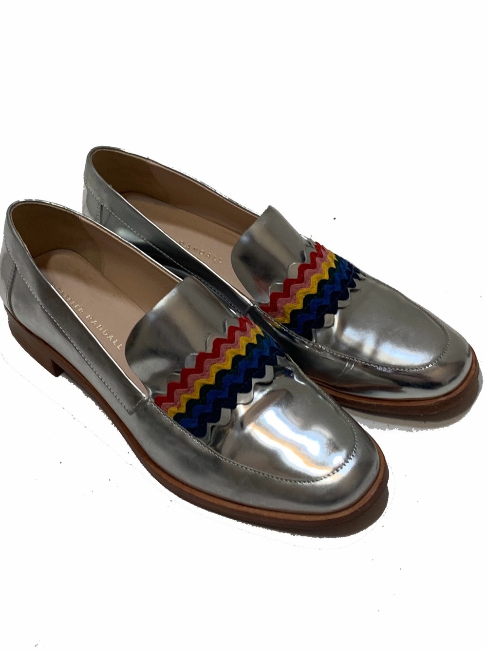 Loeffler Randall Silver Leather Loafers with Rainbow Trim